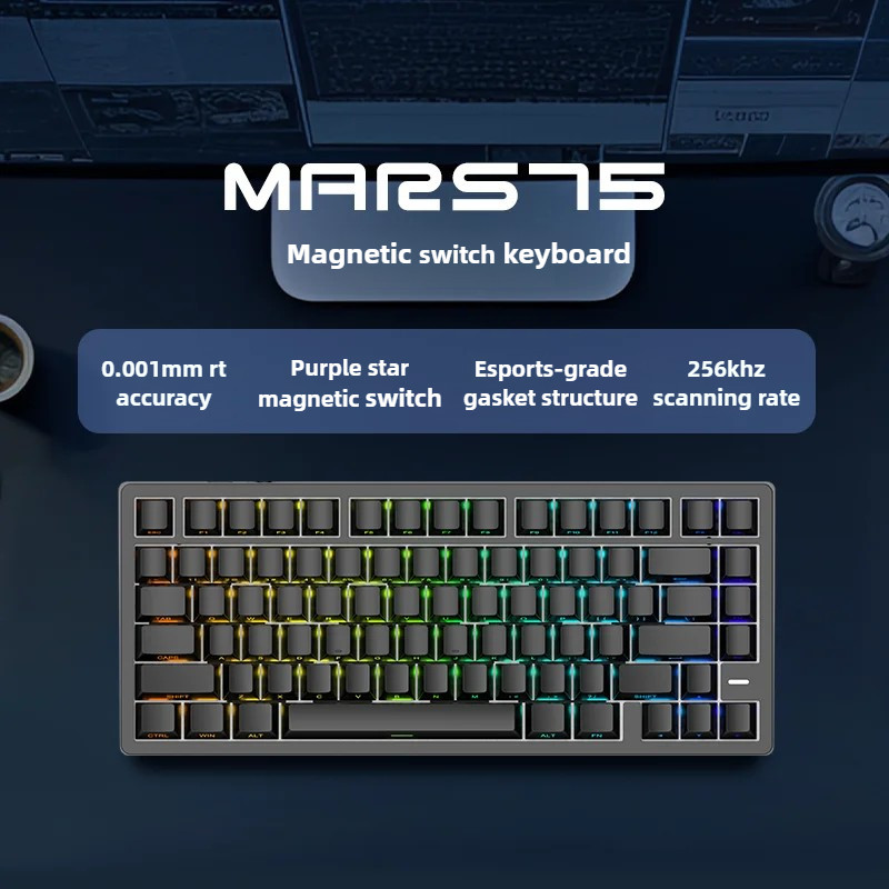 MARS75 PRO สวิทช์แม่เหล็กคีย์บอร์ดเกมสาย 0.001 มม.RT 480 Mhz MCU 8KHz Polling Rate Hot Swappable SOCD DKS RGB สําหรับ Esports เกม