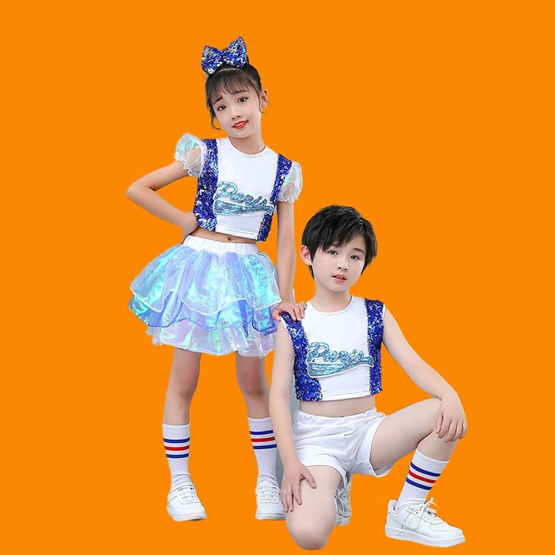 เด็กชายและเด็กหญิงแจ๊สเลื่อมเต้นรําเครื่องแต่งกายHip-hop CatwalkหญิงPpinjaojue士Surel Striped Hairy走ก