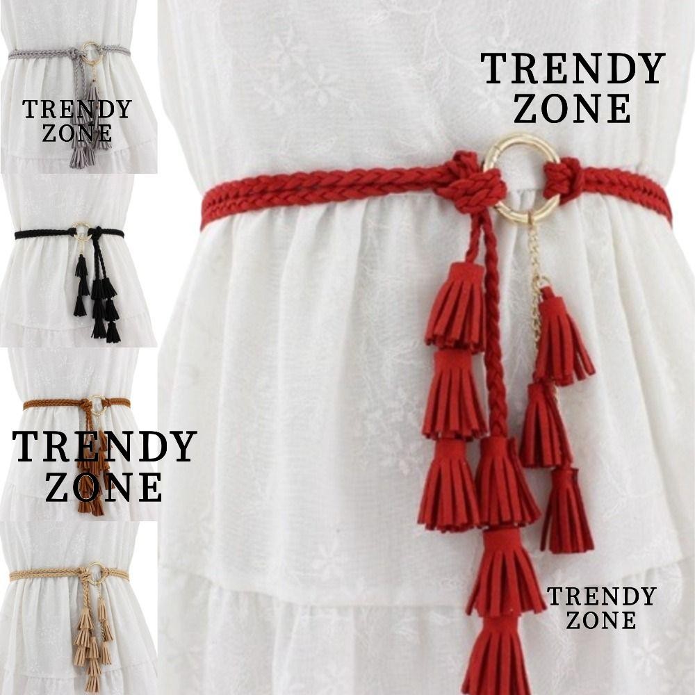 เข็มขัดถักพู่ YZONE สไตล์โบโฮ เข็มขัดเอวบาง สีทึบ