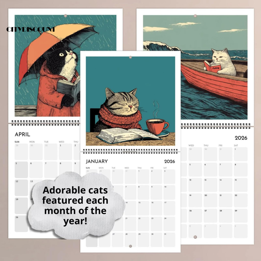 <citydiscount> 2026 Wall Calendar Cat Whimsical Cat Wall Calendar 2026 Funny Cat Wall Calendar for B