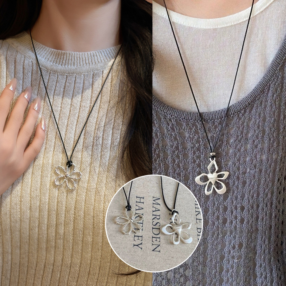 Ins Minimalist Black String Silver Necklaces Hollow Flower Style Drawstring Adjustable Long Sweater Chain