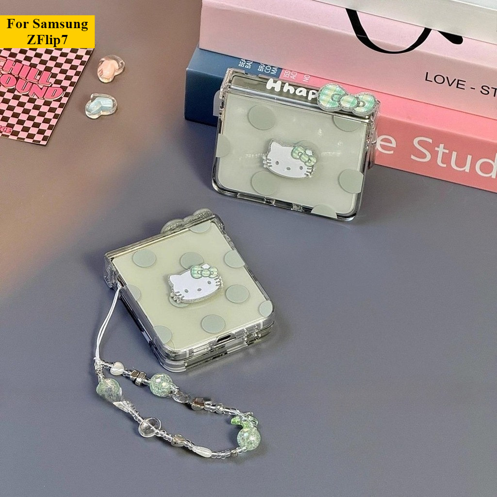 เคสโทรศัพท์ เหมาะสําหรับ Samsung Galaxy ZFlip7 ใหม่สีเขียว Polka Dot KT สร้อยข้อมือแมวพับสําหรับ ZFlip 7 6 5 4 5G N3Flip MixFlip Lanyard ฝาครอบป้องกัน