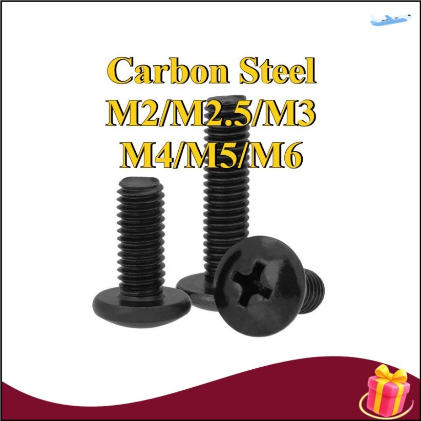 สีดําขนาดใหญ่หัวแบนข้ามสกรูหัวร่มกึ่งรอบหัวสกรูหัวเห็ดเครื่องแบนขนาดใหญ่M2/M2.5/M3/M4/M5/M6*L3-50 มม