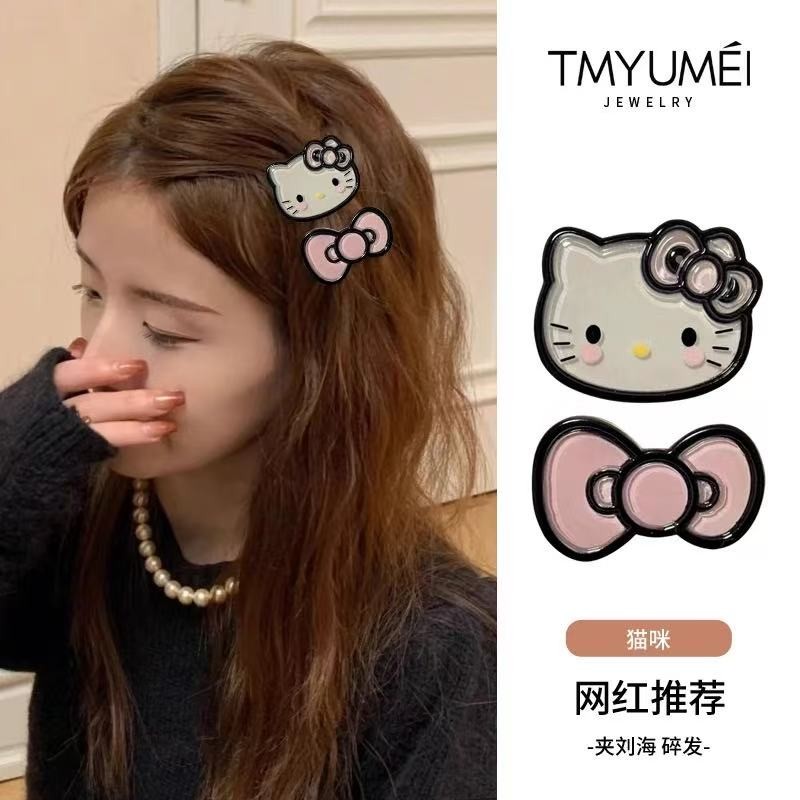กิ๊บโบว์สีดำและสีชมพู สไตล์การ์ตูน น่ารักและหวานใจ เครื่องประดับผม