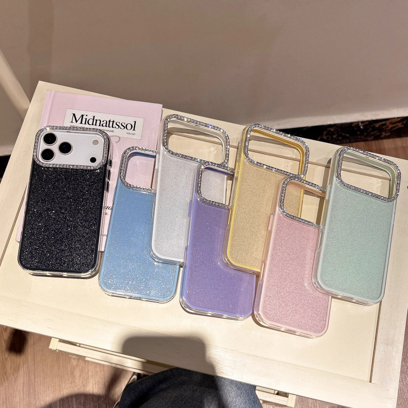 Bling Glitter IMD สีลูกกวาดเคสโทรศัพท์สําหรับ iPhone 17 16 15 14 13 12 11 Pro Max Plus Air Diamond ป้องกันกล้อง Shining สําหรับ iPhone17Promax กรณีปลอก – โปรปัง