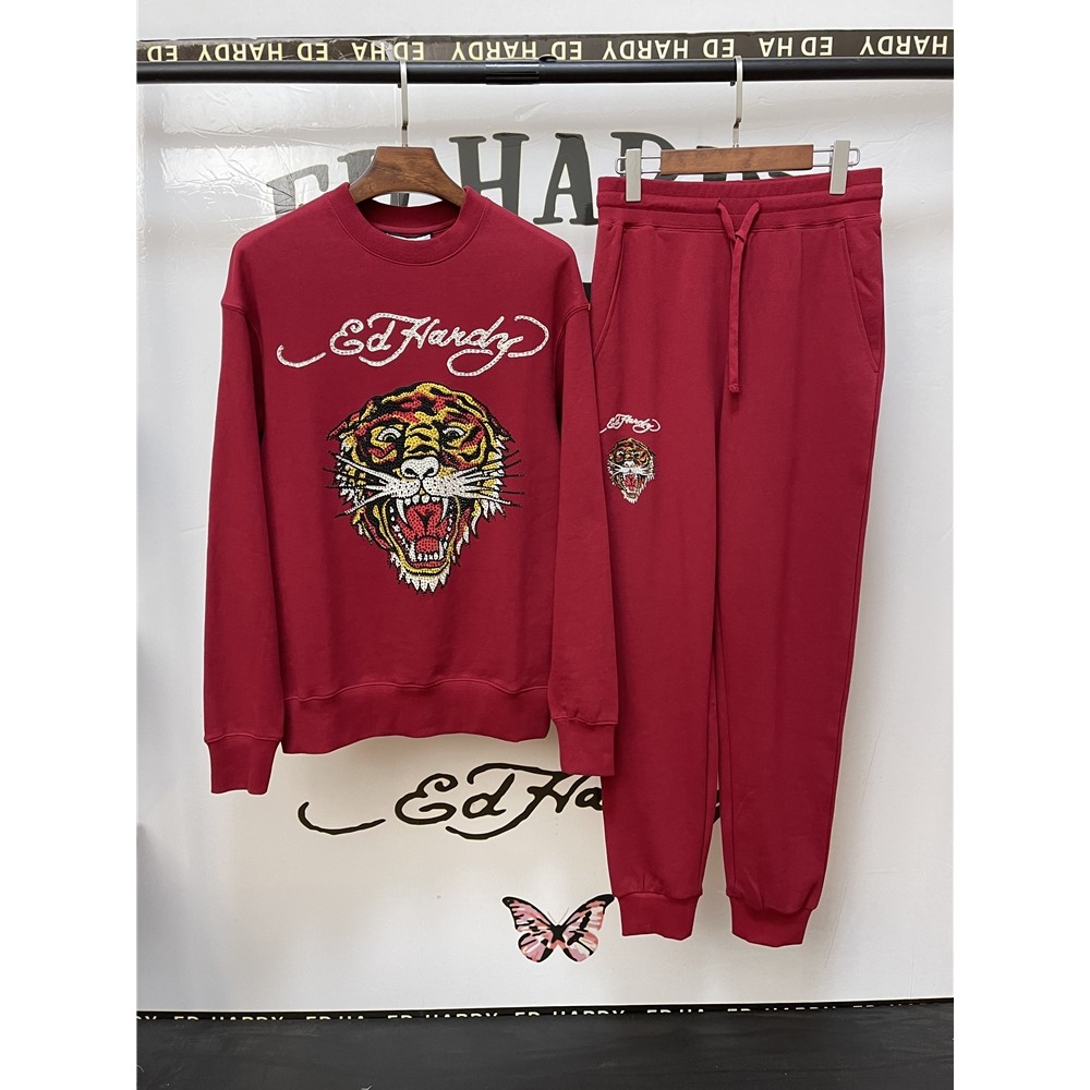 ED Hardy Tiger Head ฤดูใบไม้ร่วงสไตล์ใหม่พิมพ์ Hot Diamond ผู้ชายผู้หญิงคู่สไตล์เดียวกันเสื้อกันหนาว