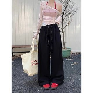 Hotgirl พร้อมส่ง กางเกงวอร์มผู้หญิง กางเกงขายาว ใส่แล้วดูผอม รุ่นสูง ขากว้างทรงตรง สีพื้น ดีไซน์เชือกรูด