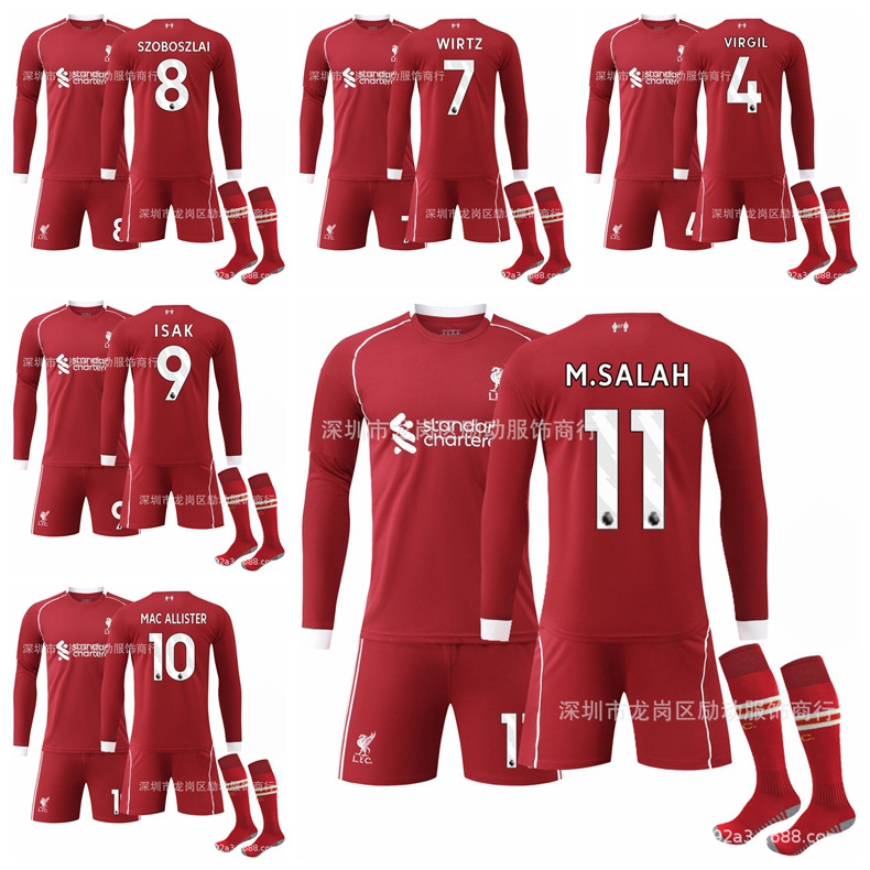2025-26 ฤดูกาล Liverpool Home แขนยาวฟุตบอลผู้ใหญ่เด็ก Jersey Kit Virgil van Dijk Wirtz Soboszlai Isa