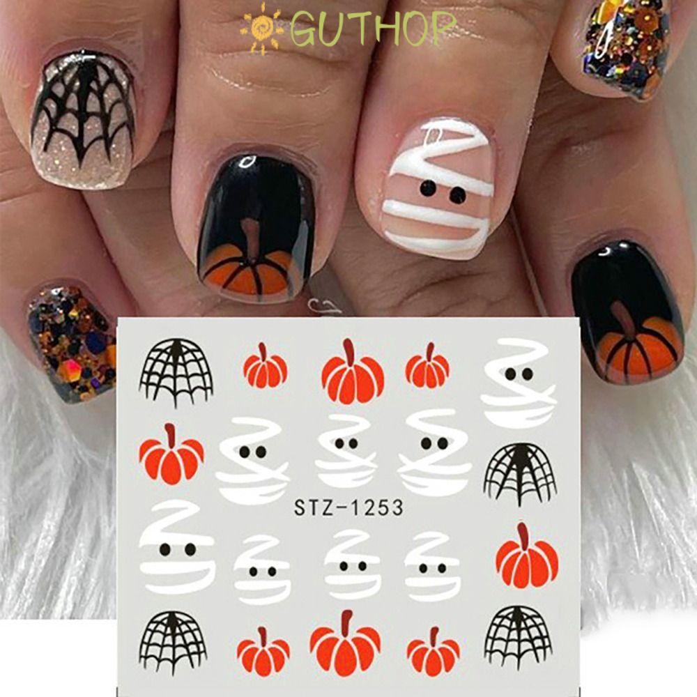 GUTHOP Nail Art Water Decals สติ๊กเกอร์, อุปกรณ์เล็บปลอม Spiders DIY สติ๊กเกอร์ติดเล็บ, 2023 ฟักทองฮาโลวีน Mummy Ghost ตกแต่งเล็บผู้หญิงความงาม