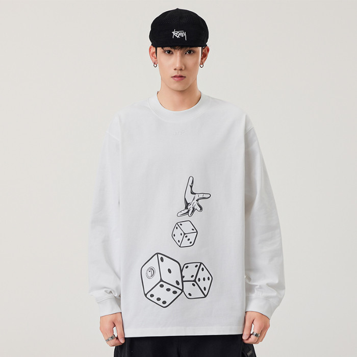 2025 COD Trendy Brand 360g Heavyweight Printed Solid Color Base Long Sleeve Top Men's Loose Fit Pure