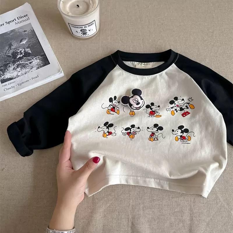 ฤดูใบไม้ผลิฤดูใบไม้ร่วงเด็กน่ารักการ์ตูนมิกกี้เมาส์การจับคู่สีเสื้อยืดเสื้อเด็กน้อย Raglan แขนยาว Bottoming เสื้อ