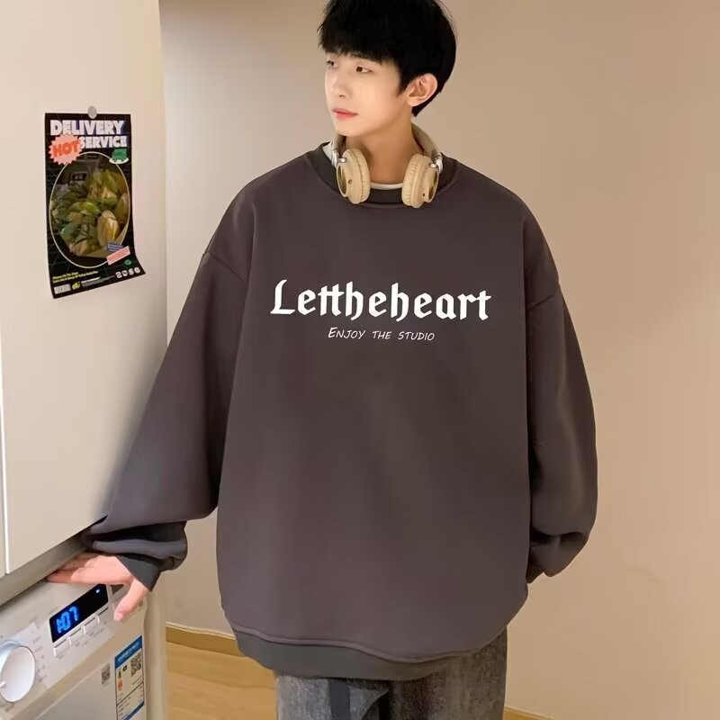 2025 NEW 2025 Youth Hong Kong Style Sweatshirt Crew Neck Men's Spring Autumn Trendy Brand Letter Cas