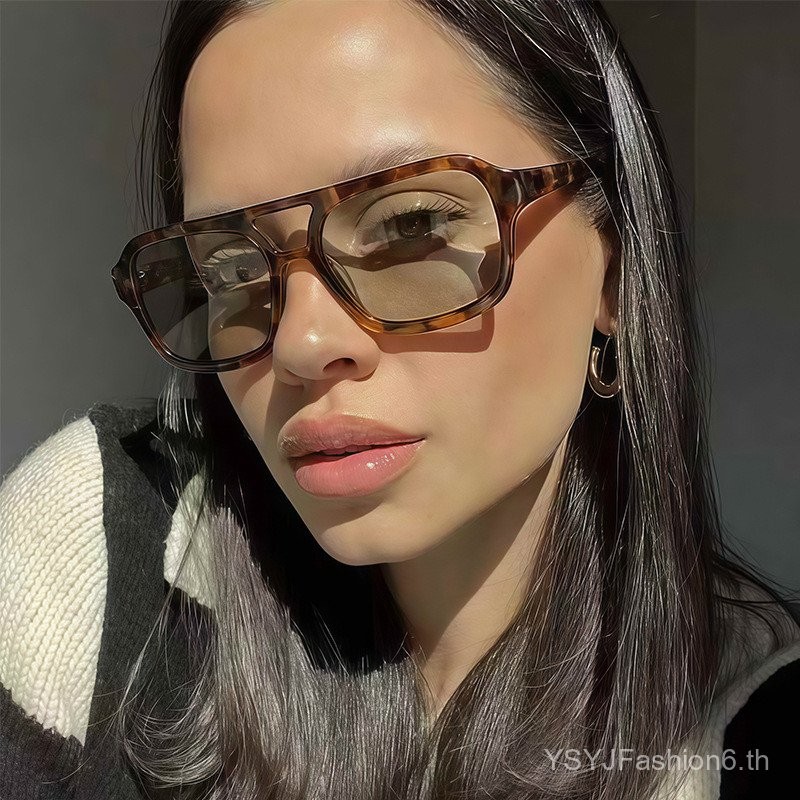 แว่นกันแดด Aviator Double Bridge Square Frame Leopard Print