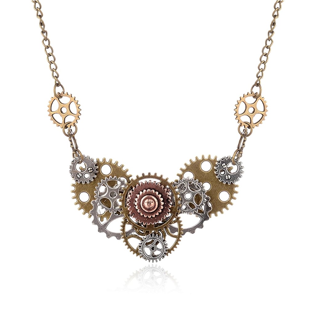 สร้อยคอมินิมอล Handmade Gear Cog สไตล์Vintage และ Steampunk ผสมโลหะทองและเงิน พร้อมเครื่องประดับของข