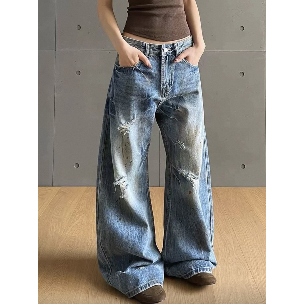 Vibe Dirty Dyed Jeans Men's Ripped Long Pants Loose Design Scimitar Pants Women