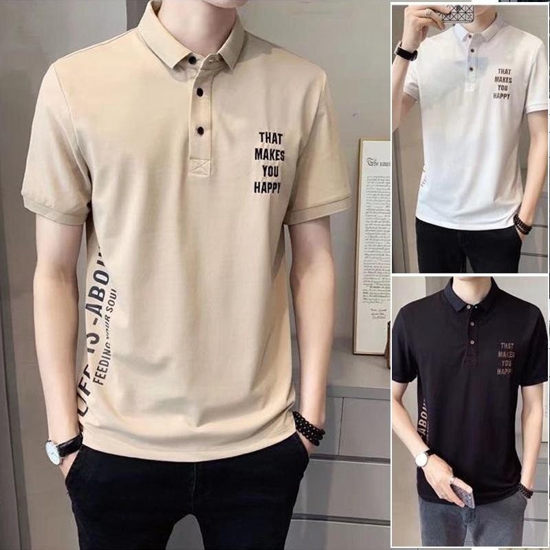 เสื้อโปโลผู้ชายลายเกาหลีคลาสสิกพิมพ์ตัวอักษร เนื้อหาคุณภาพสูง กระดุมหลวม สีต่าง ๆ [เก็บเงินปลายทาง]