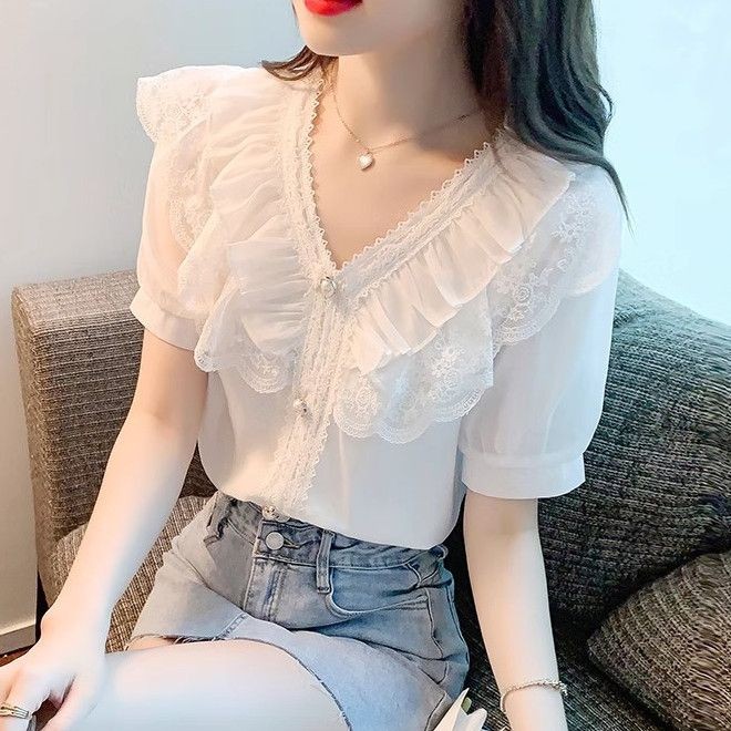 ส่งไวจากไทย🌸Breeze🌸S-3XL ฤดูร้อนใหม่สไตล์หวานอารมณ์ลูกไม้เสื้อแขนสั้นชีฟองเสื้อต่างประเทศผู้หญิงด้านบน