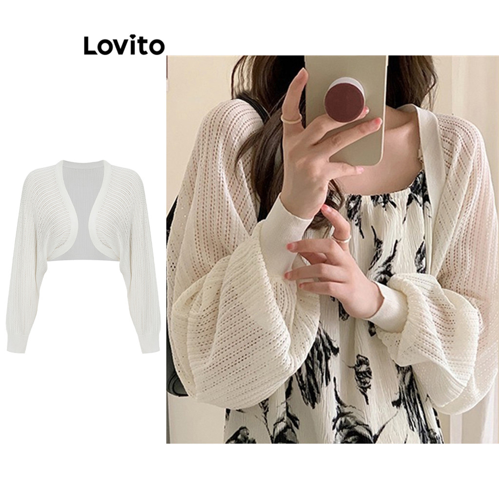 Lovito เสื้อคาร์ดิแกนลําลองเสื้อคาร์ดิแกนสีพื้นสําหรับผู้หญิง L64AD102 (ขาว/ดํา)