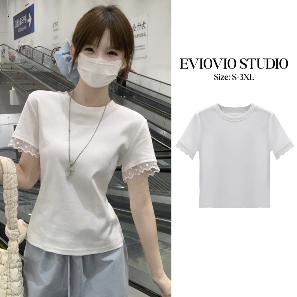 S-3XL💞【EVIOVIO】เสื้อยืดโทนขาวเรียบหรูเพิ่มลูกไม้ปลายแขนสุดน่ารัก ดีไซน์เรียบแต่มีลูกเล่นที่ช่วยให้ลุคดูหวานและดูแพง