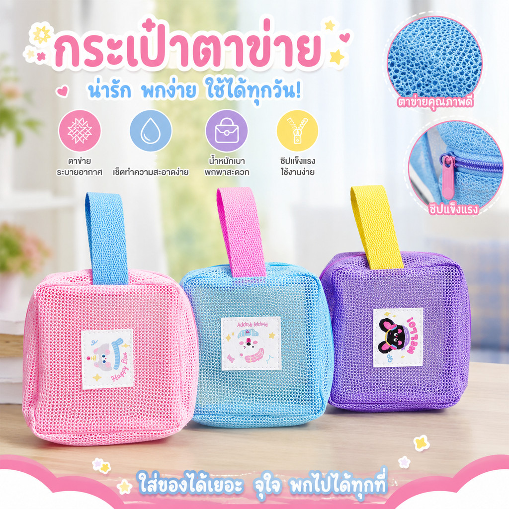 【มีสินค้าพร้อมส่ง】กระเป๋าตาข่ายใส่ของเดินทาง สีสันสดใส ระบายอากาศได้ เก็บสายชาร์จ เครื่องสำอาง ขนาดพกพา