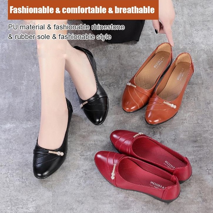 ZC9 รองเท้าผู้หญิง Wedge Heel Pointed Flats รองเท้าหนังนุ่มรองเท้าพยาบาล Kasut Perempuan