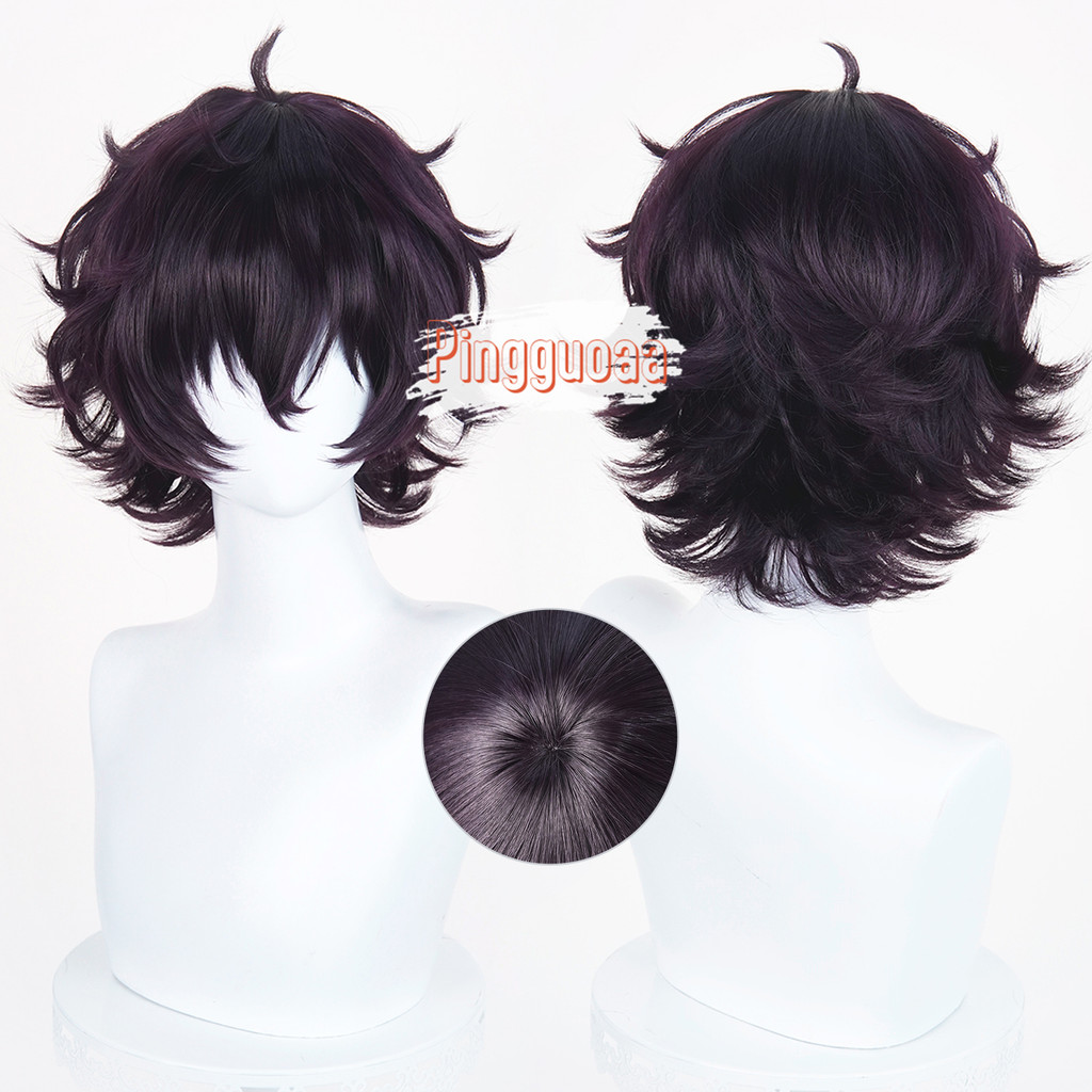 หมวกแม่มด Atelier Agatto akuromu Agott คอสเพลย์วิกผม 30 ซม.สั้นสีดําสีม่วงผู้ชายWigsทนความร้อนเส้นใยผม