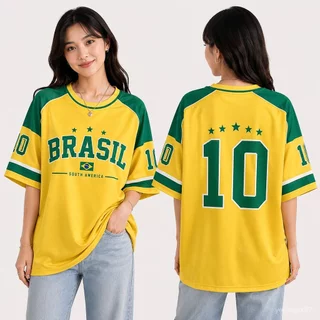เสื้อบอลแฟชั่นผู้หญิง Brazil สีเหลืองเขียว คอกลม แขนสั้น ทรงโอเวอร์ไซส์ ผ้านิ่ม ใส่สบาย สไตล์สปอร์ต/ใส่เที่ยว