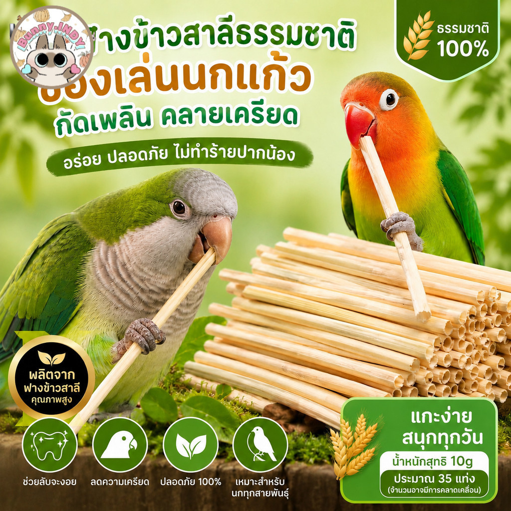 Bunny.indy แท่งฟางข้าวสาลีออร์แกนิก ของเล่นสำหรับนก หนูแฮมสเตอร์ สัตว์ฟันแทะ บรรจุ 35 แท่ง (10g)