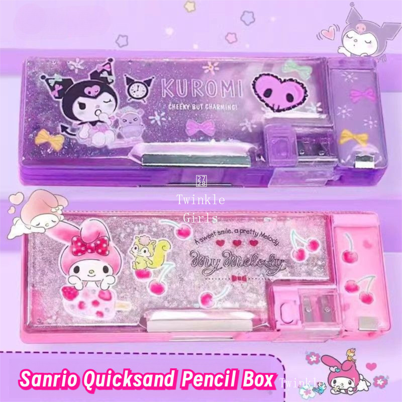SANRIO แท้ ซานริโอ ทรายดูดกรณีดินสอ คุโรมิ ซินนามอนโรล ของฉัน ทํานอง สองชั้นความจุสูงกล่องเครื่องเขียนสําหรับเด็กสาวกลับไปที่อุปกรณ์การเรียนของขวัญสําหรับเ