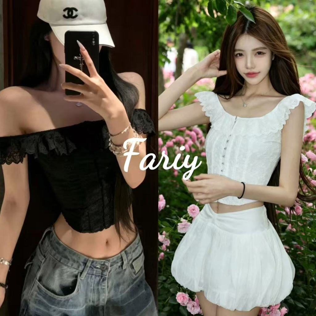 Fariy คลังสินค้าพร้อม เสื้อยืดแขนสั้นผูกโบว์ด้านหน้าสไตล์เรโทรอเมริกันสำหรับผู้หญิง เสื้อครอปเข้ารูปผ้าลูกไม้ฉลุลายสำหรับฤดูร้อน