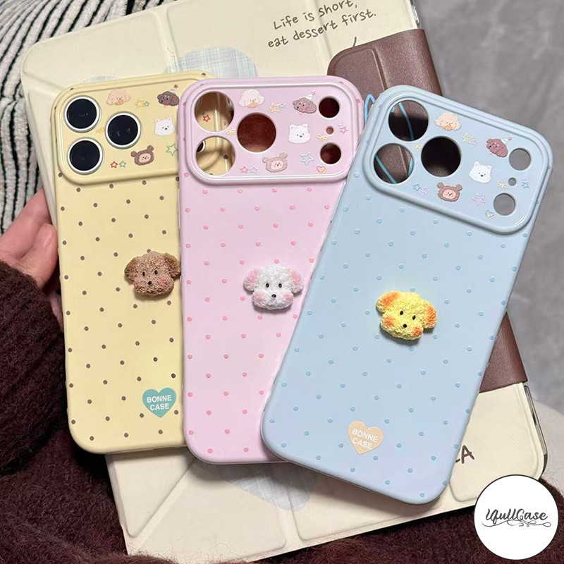 เข้ากันได้กับ IPhone 17 16 7 8 15 Plus XR X XS Air 12 15 13 16 14 Pro Max เคสหัวใจฟอง ตุ๊กตาหมาขนน จุด พร้อมตุ๊กตา