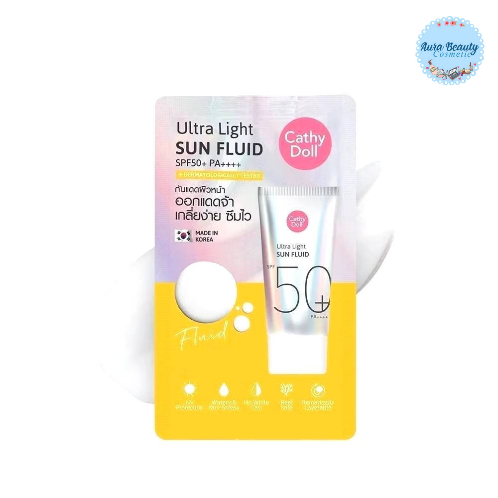 (1ซอง) Cathy Doll Ultra Light Sun Fluid SPF50+ PA++++ 7ml กันแดดฟลูอิด เนื้อบางเบา ซึมไว สำหรับผิวเผชิญแดดแรง
