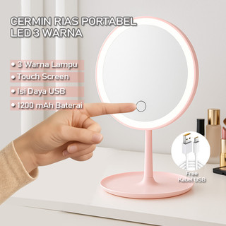 Cermin Makeup LED Touch Screen 3 Warna Lampu Portabel Aesthetic Kaca Rias Adjustable Cermin LED