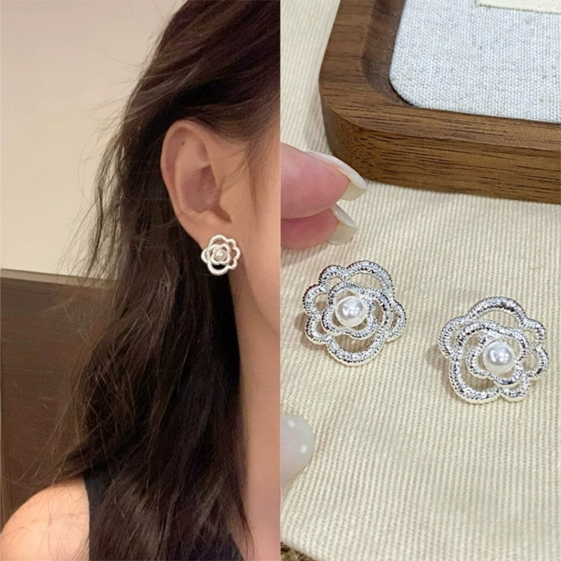 ต่างหูมุกฝรั่งเศสดอกไม้เงินหูกระดุมเจาะเครื่องประดับอุปกรณ์เสริม