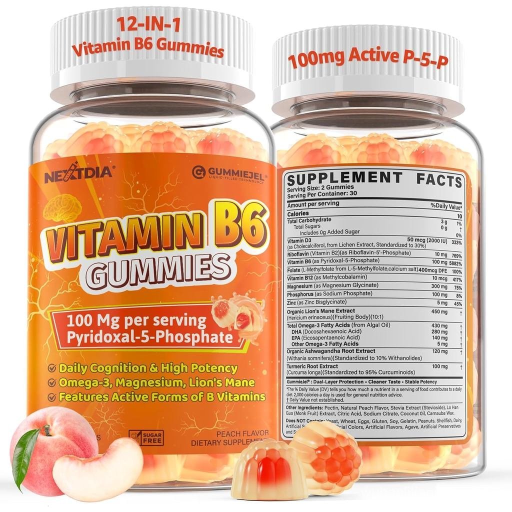 Nextdia Vitamin B6 Gummies 100mg (P-5-P) + Methyl B12 & Folate พร้อมแมกนีเซียม, Omega-3, Riboflavin,