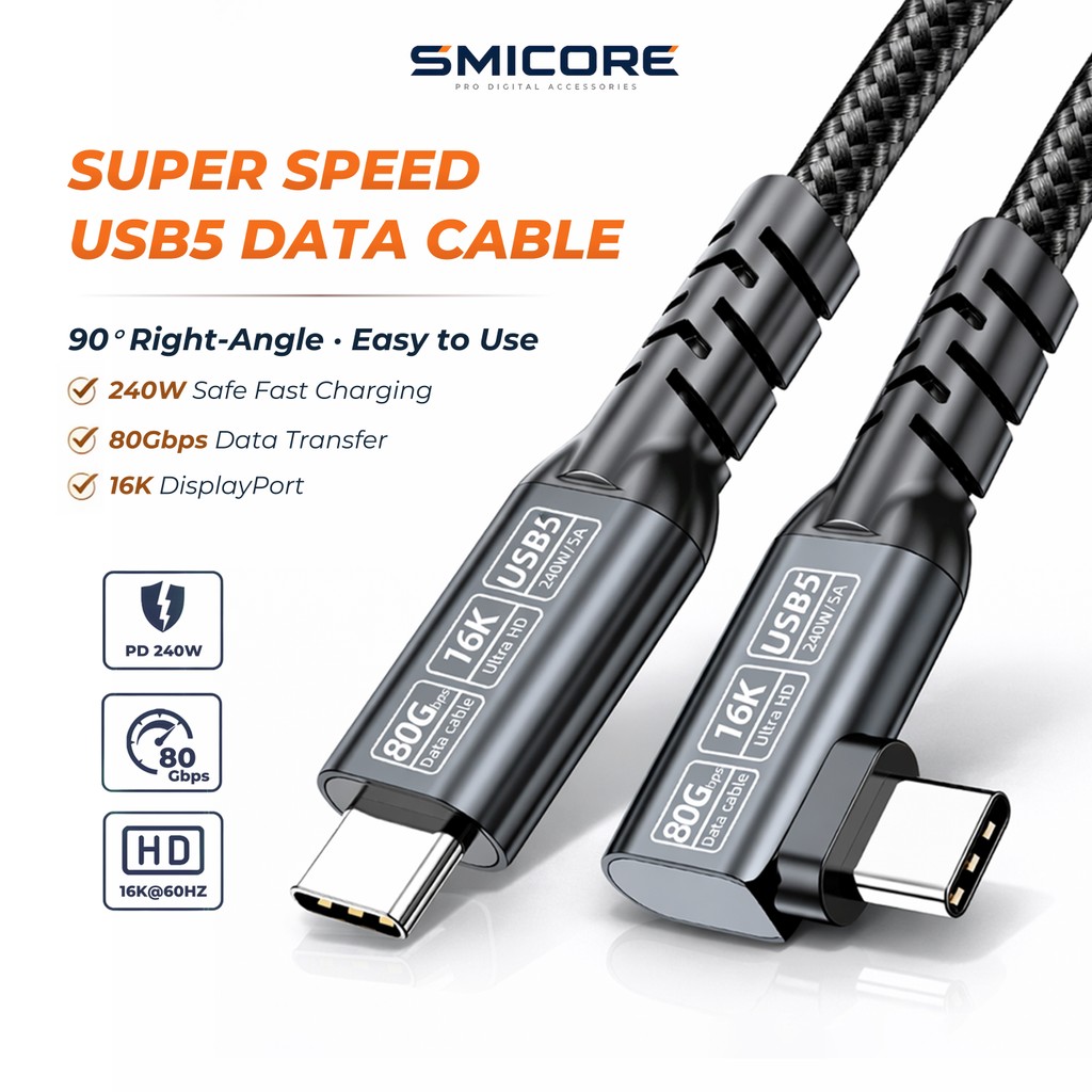 สาย USB5 Type-C to Type-C แบบข้อศอก 90° 80Gbps PD 240W รองรับ 16K สายข้อมูล USB-C ความเร็วสูง