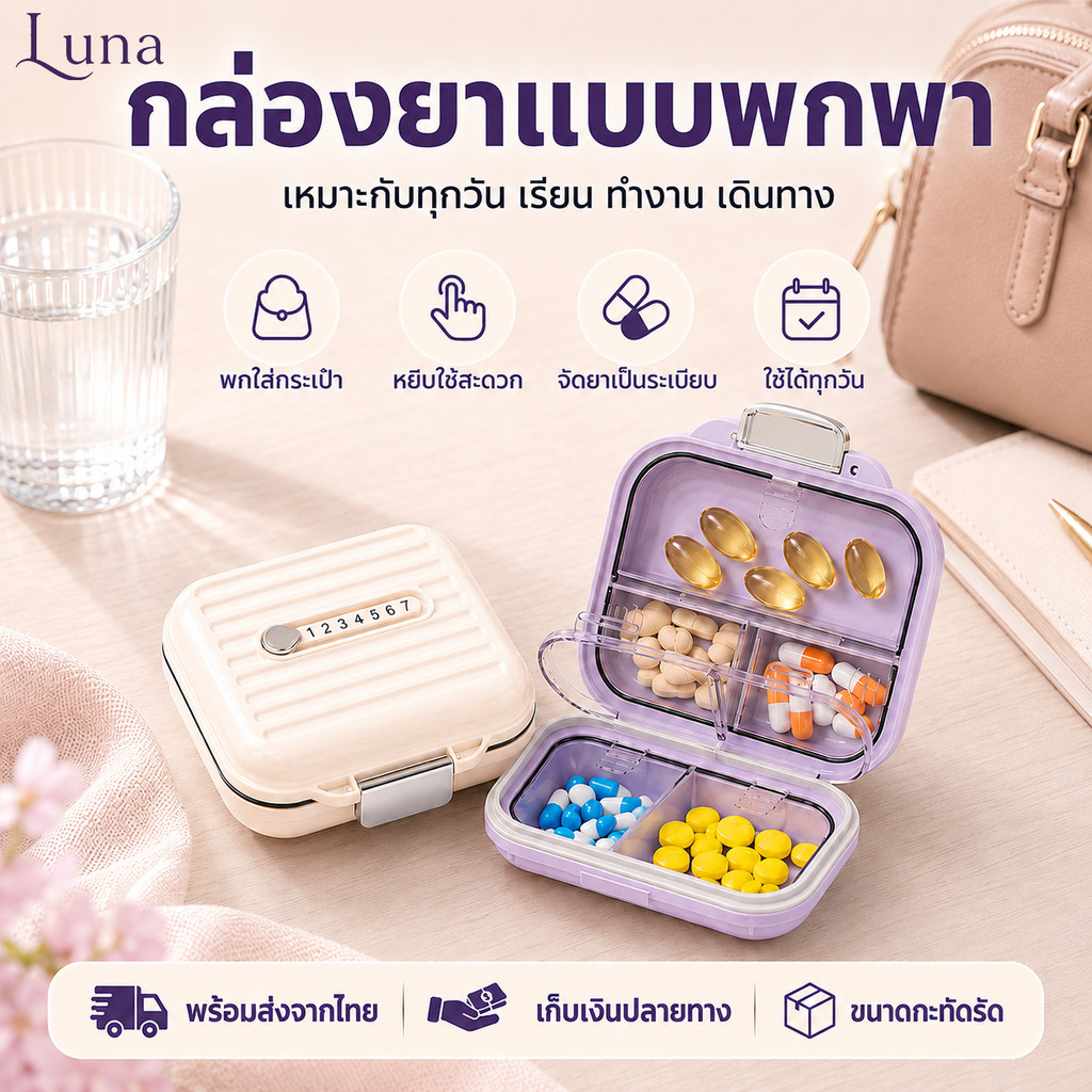 LunaHome กล่องใส่ยาแบบพกพา 7 ช่อง กล่องยาเดินทาง กันชื้น แบ่งยาเป็นระเบียบ สำหรับยาเม็ด แคปซูล วิตามิน