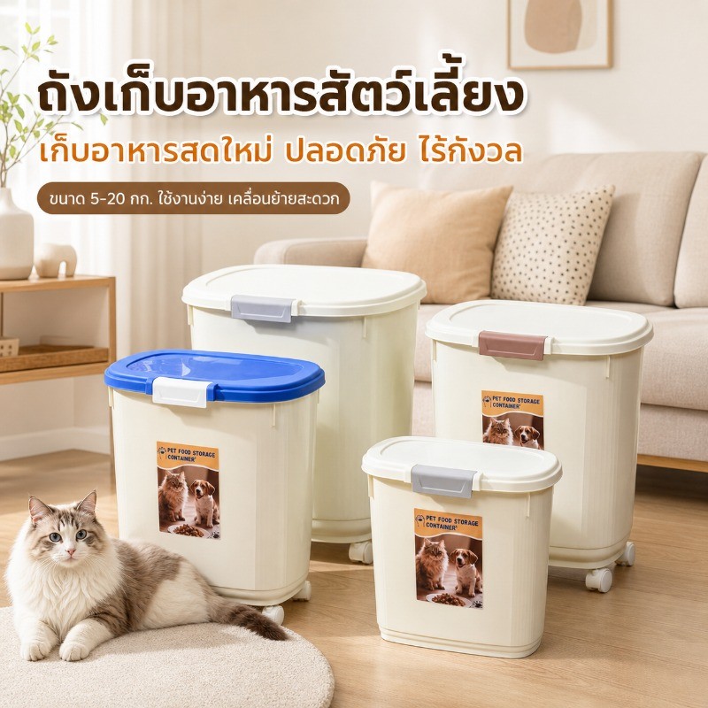 COD ถังเก็บอาหารสัตว์เลี้ยง 20 กิโลกรัม ปิดสนิท ป้องกันแมลงและความชื้น แถมกล่องกันแมลงและช้อน