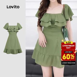 Lovito Women Casual Dress Ruffle Zipper Spring/summer Green Dress L189ED903