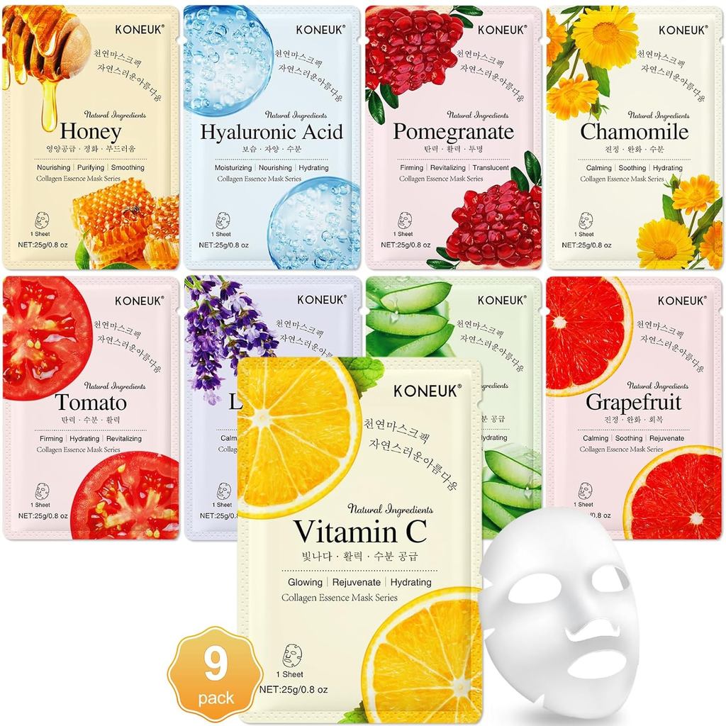 KONEUK 9 Pack Collagen Face Masks Skincare for Women, Hydrating Sheet Face Masks เหมาะสําหรับทุกสภาพ