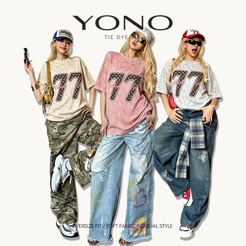 (พร้อมส่ง24ชม.) เสื้อยืด oversize สีชมพูฟอกลาย ลายเลข 77 ลายจุด ฟีลอเมริกันคอลเลจวินเทจ ใส่สบาย