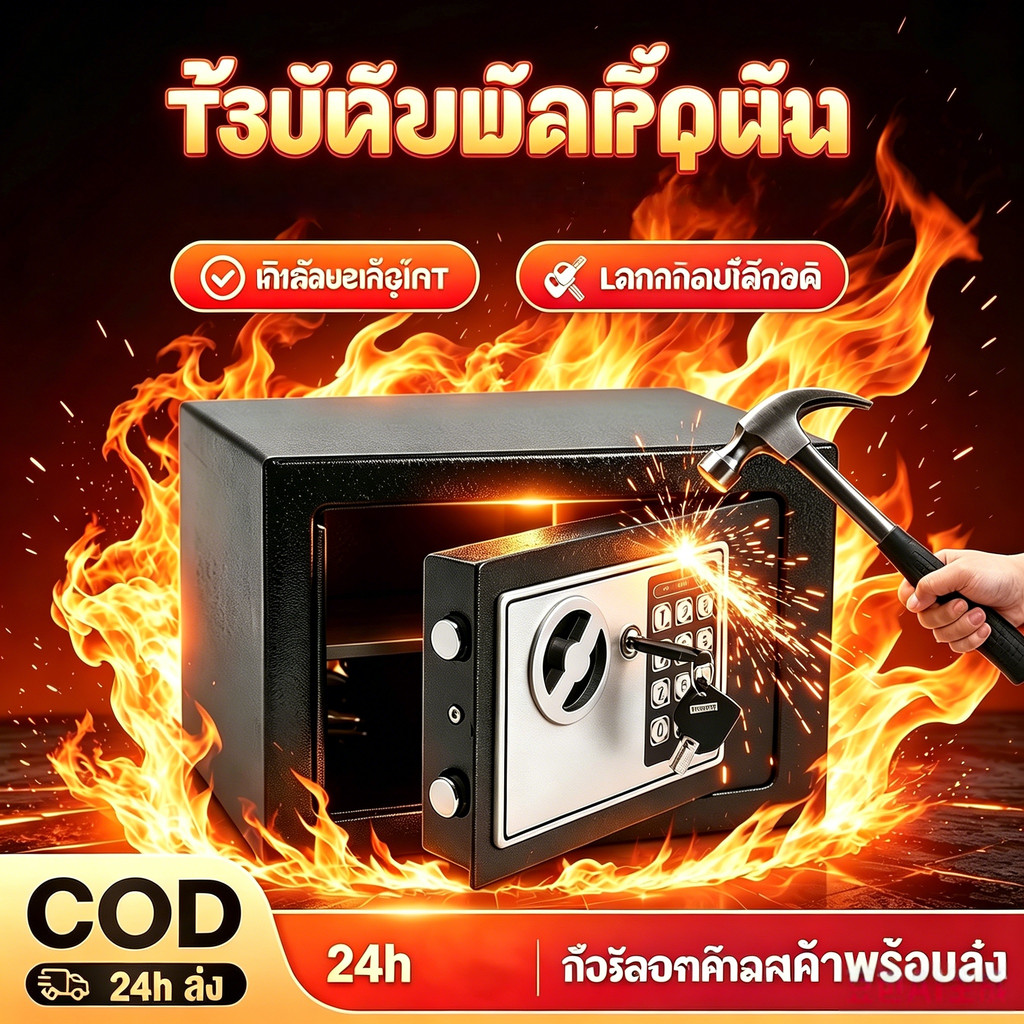 ตู้เซฟดิจิตอลขนาดเล็ก 35x25x25 ซม. กันไฟกันขโมย ล็อกคู่รหัส+กุญแจ