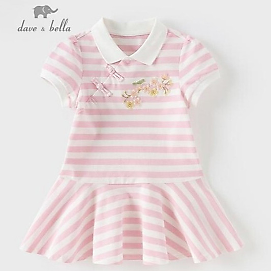 Dave Bella 6M-9Y เด็กผู้หญิงเดรส ชุดเดรสสไตล์สปอร์ตแขนสั้นลายทางสีชมพู เสื้อโปโลพิมพ์ลาย DB2251492