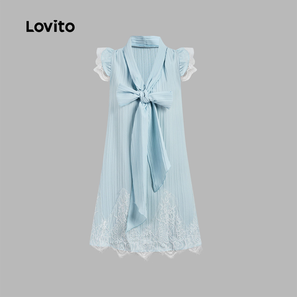 Lovito เดรสผู้หญิง ลายทาง แต่งลูกไม้ แต่งโบว์หน้า สไตล์ลำลอง เกาหลี อินเทรนด์ LNA75576