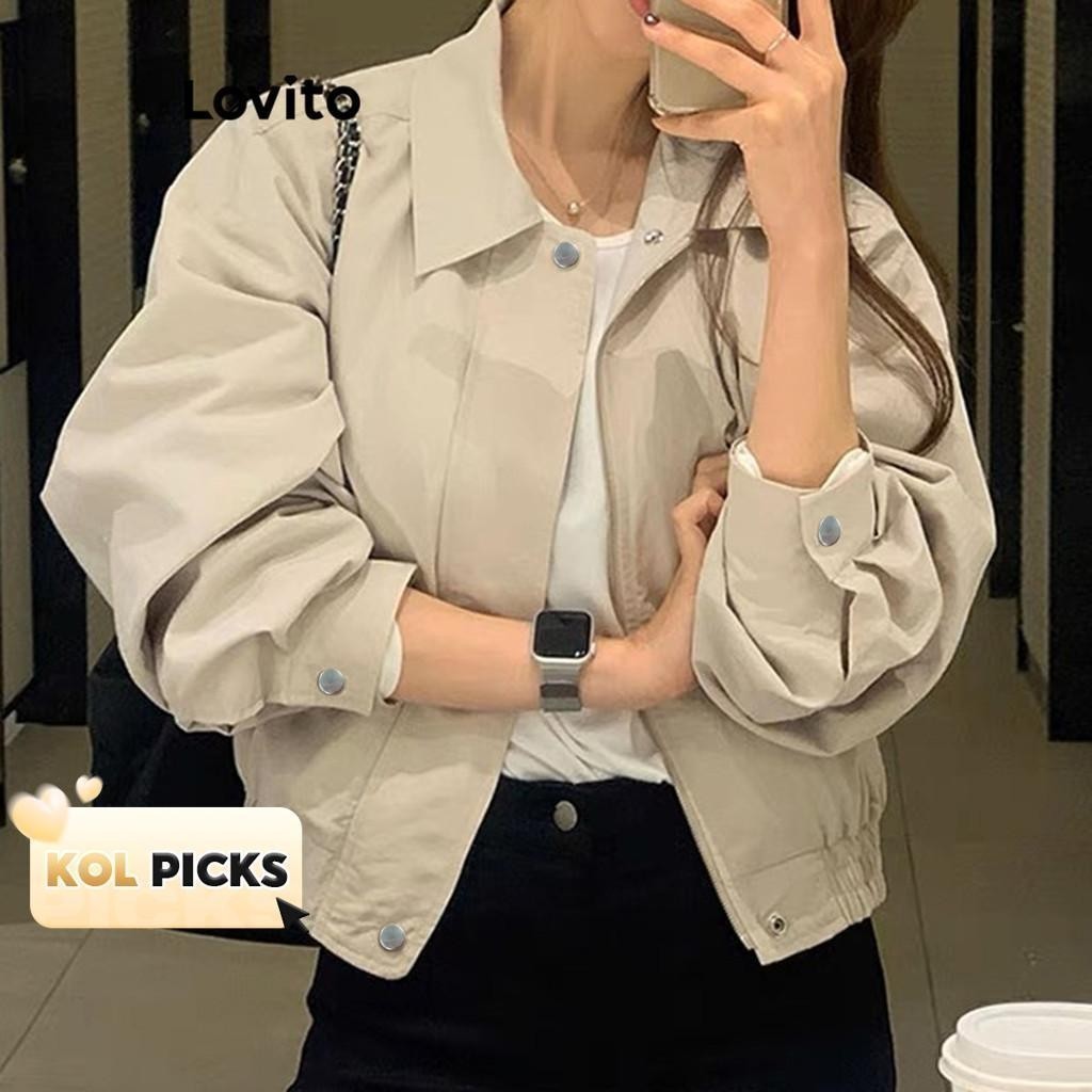 (KOL‘s pick) Lovito แคชชวล เสื้อโค้ทผู้หญิง มีกระดุม มีซิป สีพื้น สไตล์ เกาหลี อินเทรนด์ LNA34140 (สีแอปริคอท)