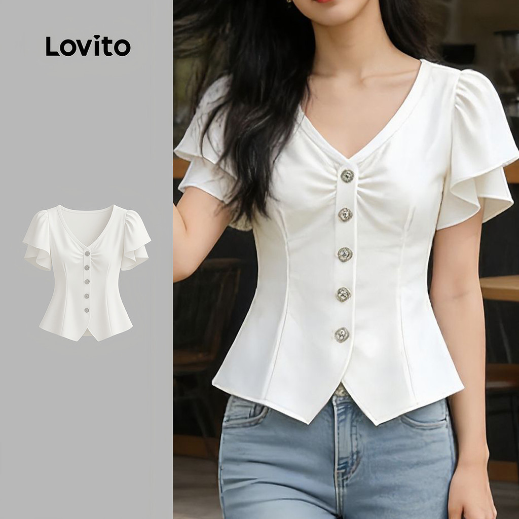 Lovito เสื้อเชิ้ตผู้หญิงลําลอง แขนระบาย กระดุม เนื้อผ้าสัมผัส สไตล์ฤดูใบไม้ผลิ/ฤดูร้อน สีขาวออฟไวท์ LK5AD284