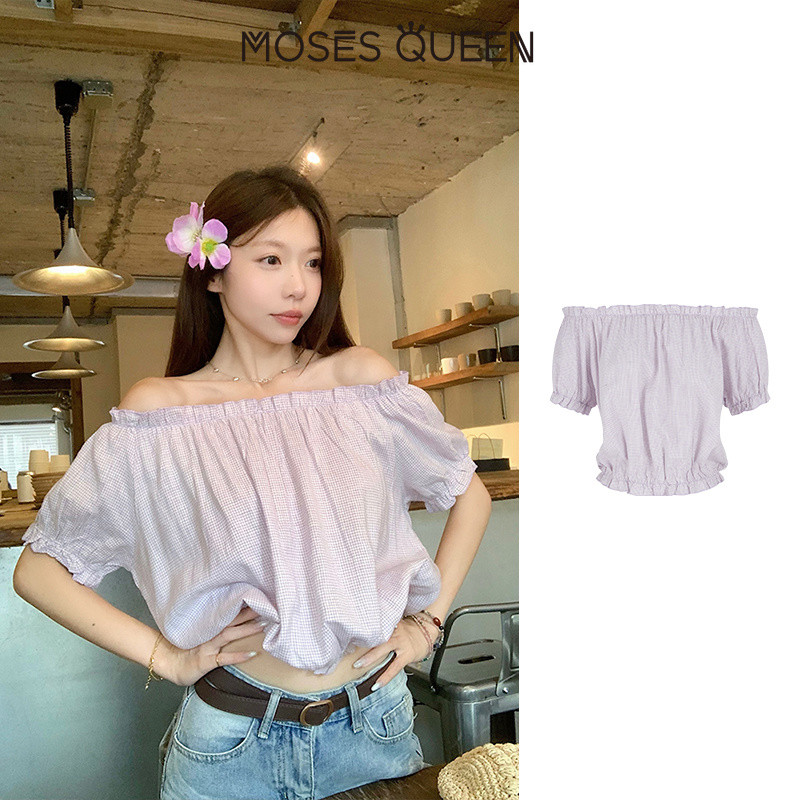 MOSESQUEEN ความเมตตา ฤดูร้อนเสื้อยืดแขนสั้นคอเหลี่ยมใส่สบายดีไซน์คอกลมลายตารางหมากรุก-ชุดอเนกประสงค์และมีสไตล์สําหรับสวมใส่ทุกวัน #63820