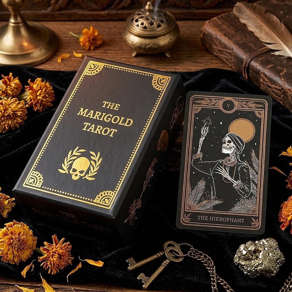 12*7 ซม. The Marigold Tarot Deck: 78 ชิ้นการ์ด Rooted in Life, Death, และ Gold, บรรจุในกล่องแข็ง (การ์ดสองนูน))