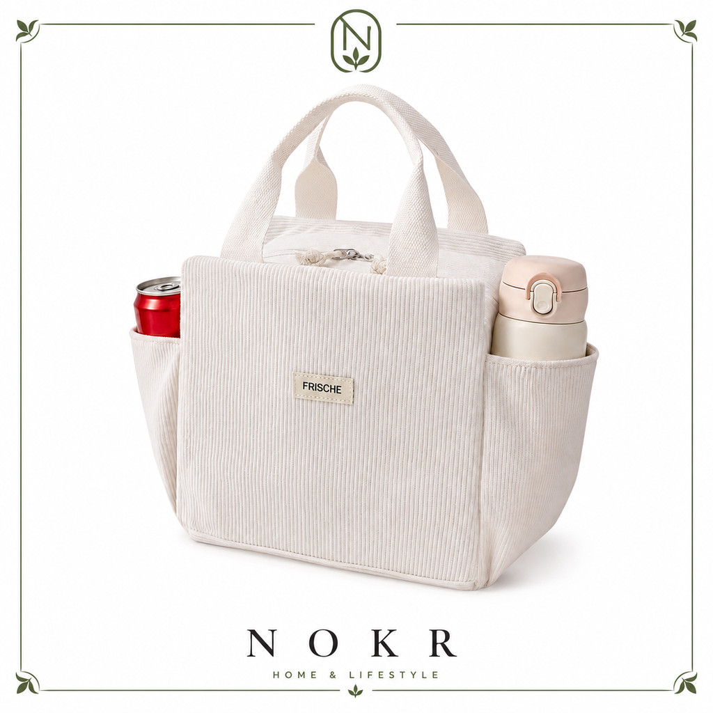 NOKR กระเป๋าใส่ข้าวกลางวันผ้าคอร์ดูรอย ความจุขนาดใหญ่ มีฉนวนความร้อนและทนทาน