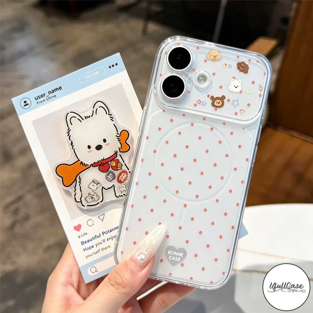 สำหรับ IPhone 17 air 15 16 14 13 12 11 Pro Max 17 Pro 15 16 14 Plus เคสคอนนิ่ง ลายจุดหมี+สุนัข ขาตั้ง สไตล์ฮิตกันกระแทก